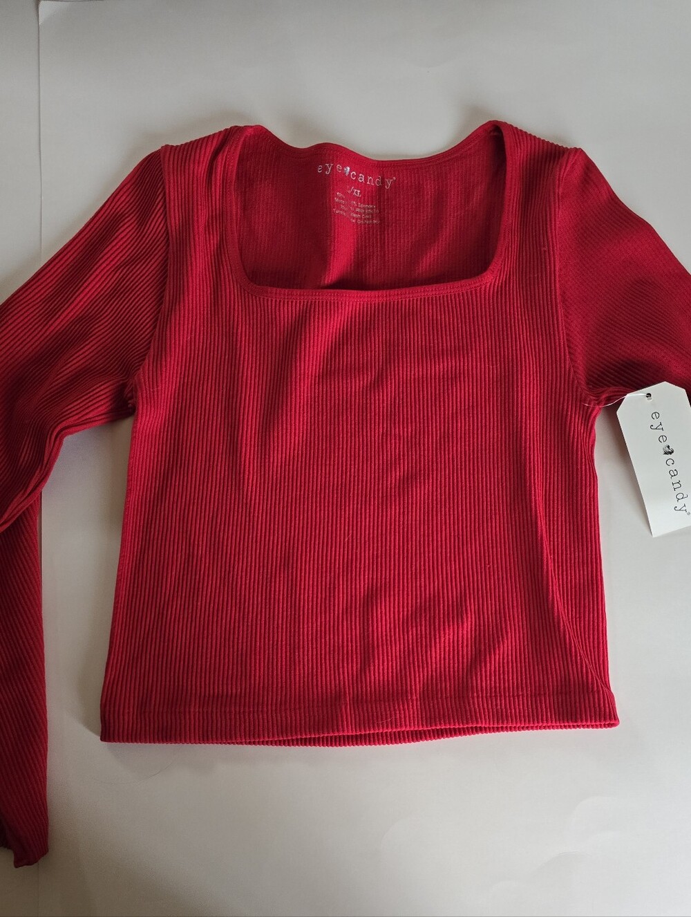 eye candy Bright Red Ribbed Square-Neck Long Sleeve Top